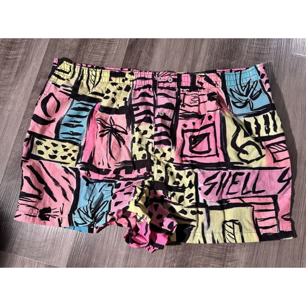 Vintage Shell Shock Nylon Shorts Small Pull On Neon Multicolor 80s Palm Tree